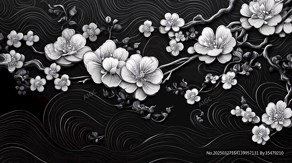 黑白花卉浮雕纹理装饰图