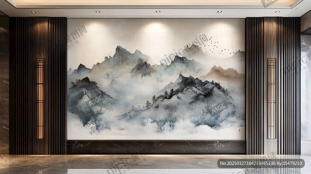 中式水墨山水风客厅背景墙