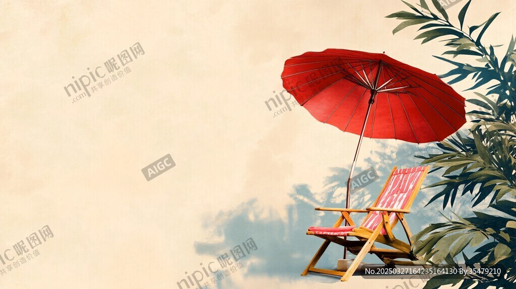 沙滩红伞躺椅惬意时光