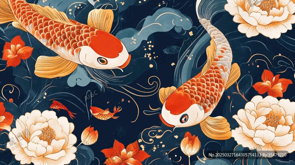 锦鲤戏花图