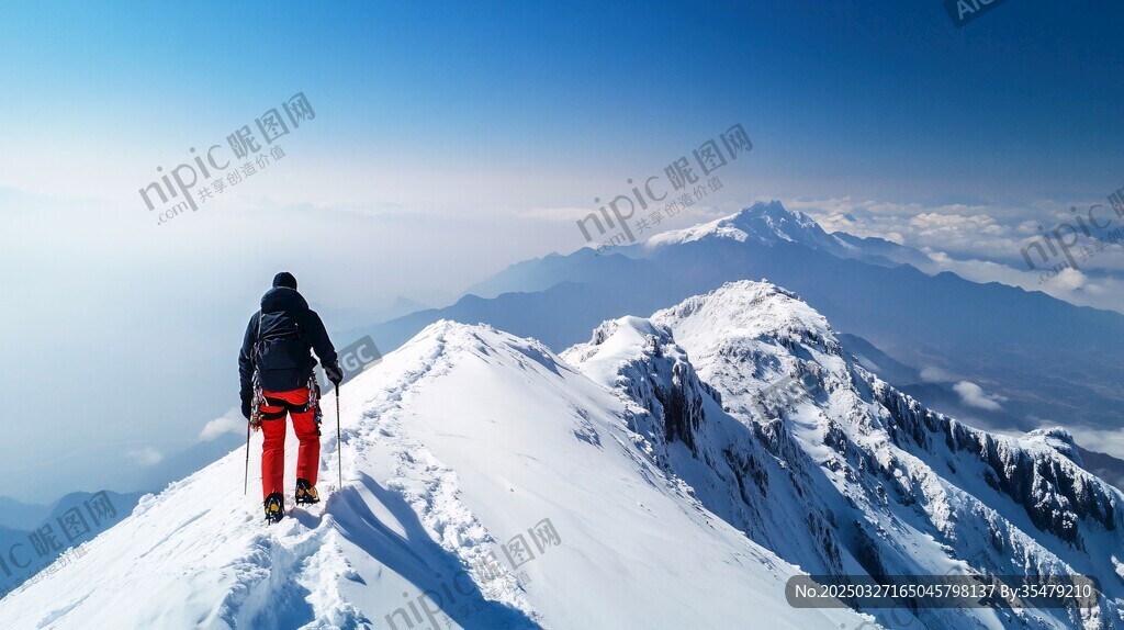 登顶雪山的坚毅徒步者