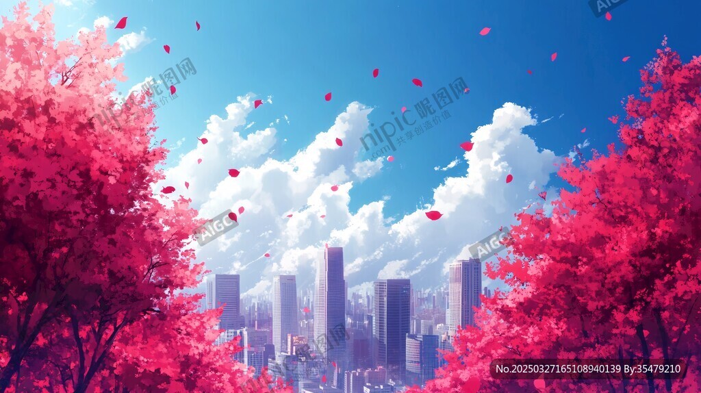 浪漫樱花下的梦幻都市景观