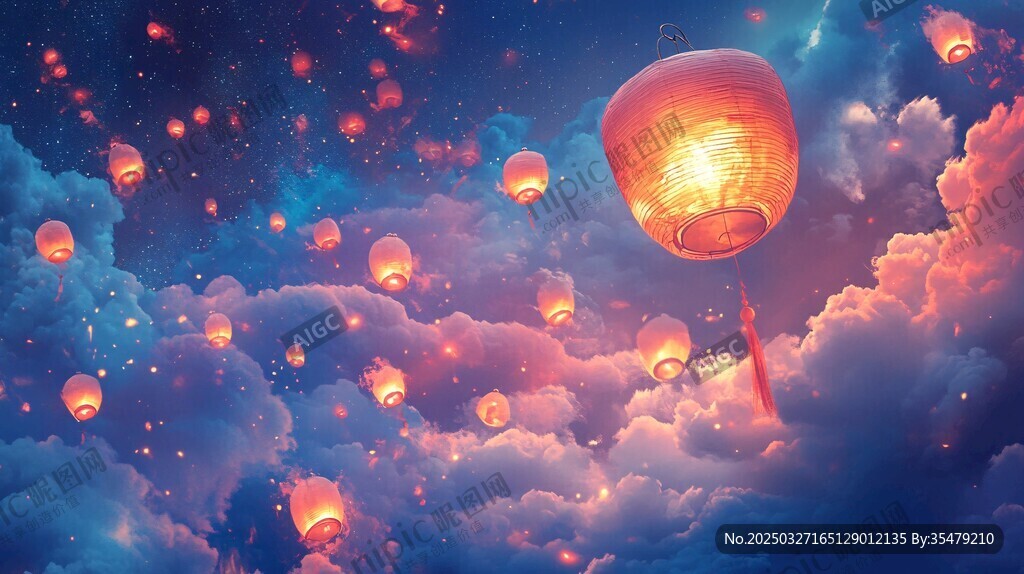 梦幻夜空放飞灯美景