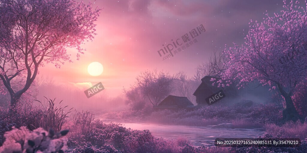 梦幻粉紫调的黄昏乡村景致