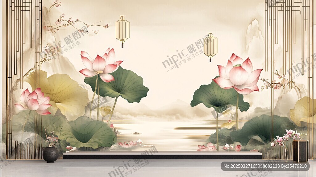 中式荷花屏风典雅景致