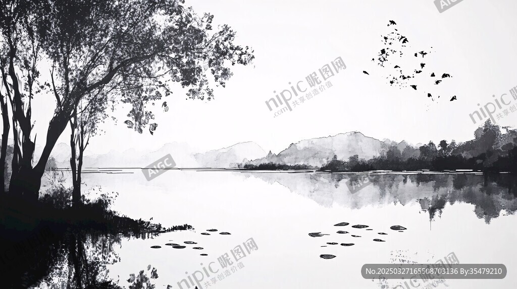 水墨湖畔树影