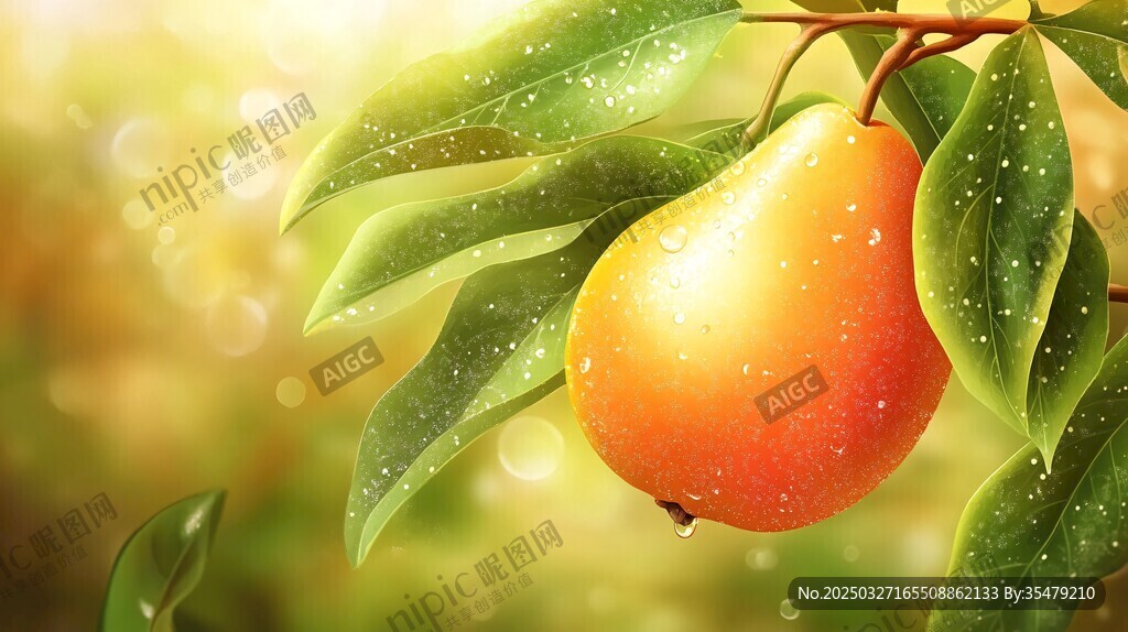 枝头鲜梨挂 绿叶伴珠露