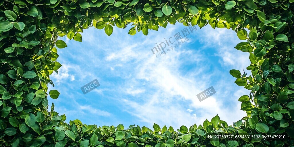 绿叶框景下的蓝天白云
