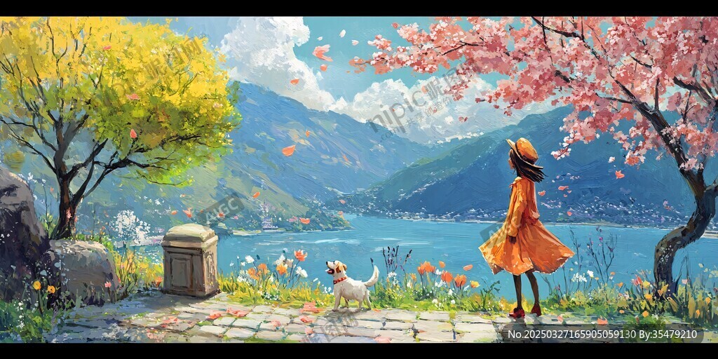 少女赏景伴萌犬春日浪漫