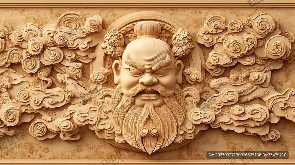 中式浮雕 威严神将与云纹