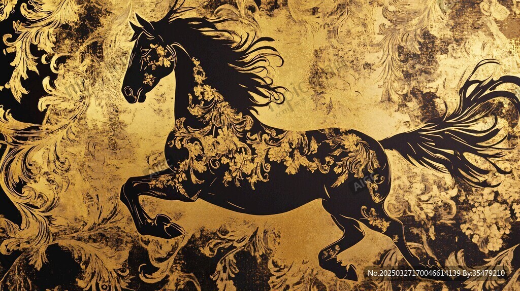 金色奔马与华丽花纹背景