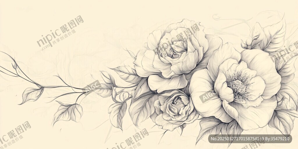 手绘花卉线条艺术插画