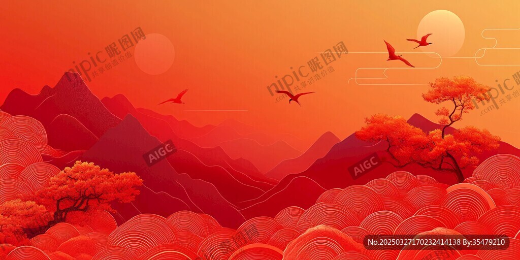 秋日红山飞鸟壮丽图景