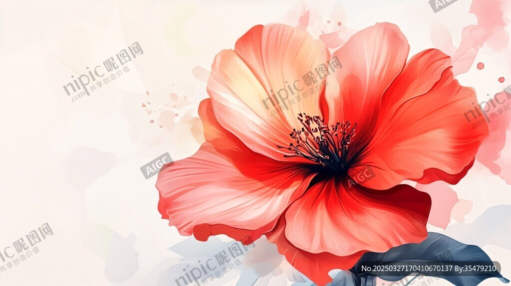 艳丽水彩红花朵绽放