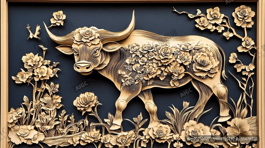金雕繁花牛图