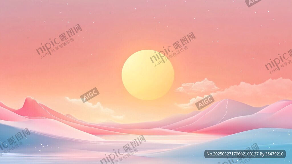 梦幻晚霞下的山峦与落日