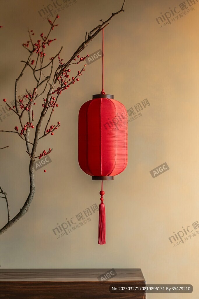 中式红灯笼与红梅装饰