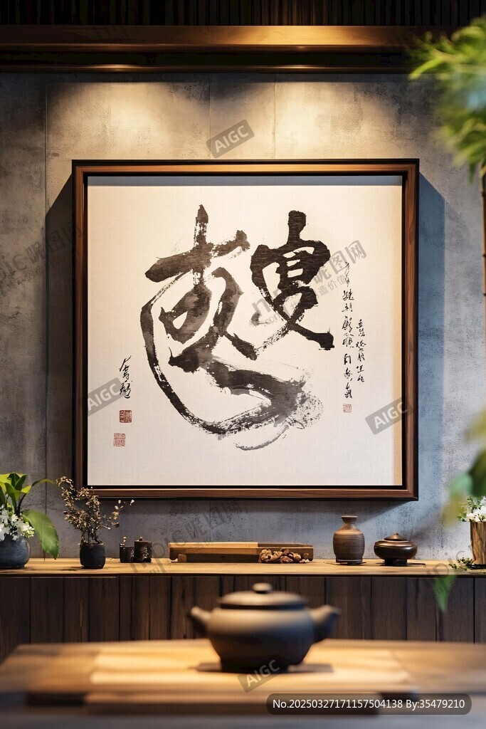 中式茶室中的书法装饰画