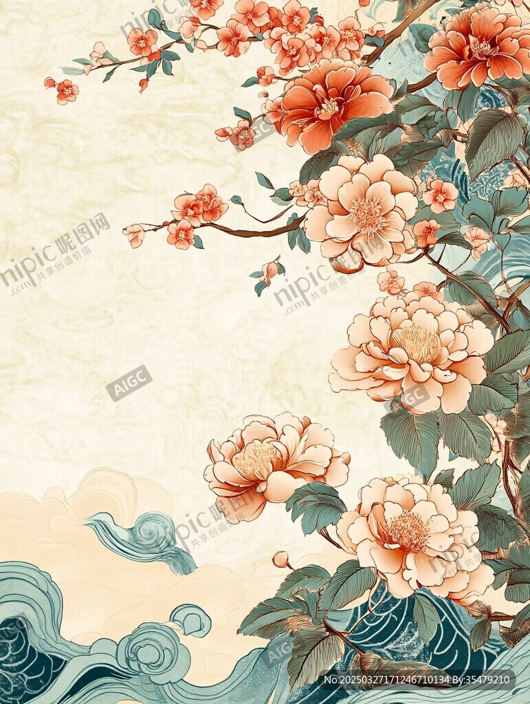 中式牡丹海浪唯美插画