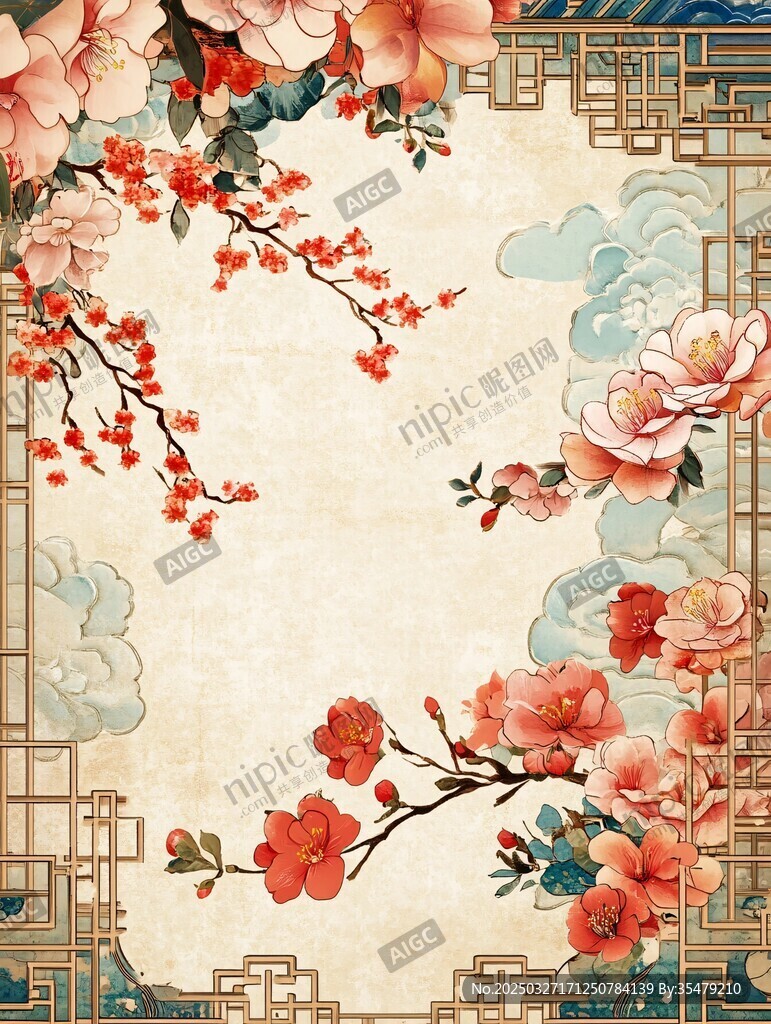 中式花卉边框古风背景图