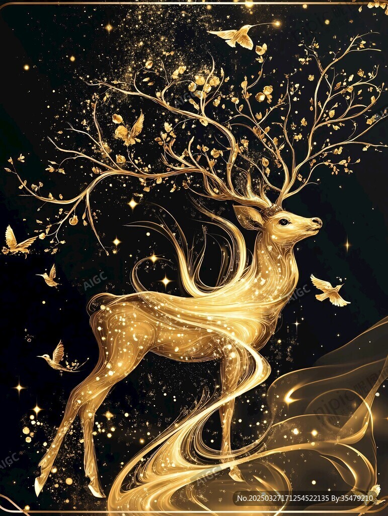梦幻金色神鹿与飞舞蝴蝶