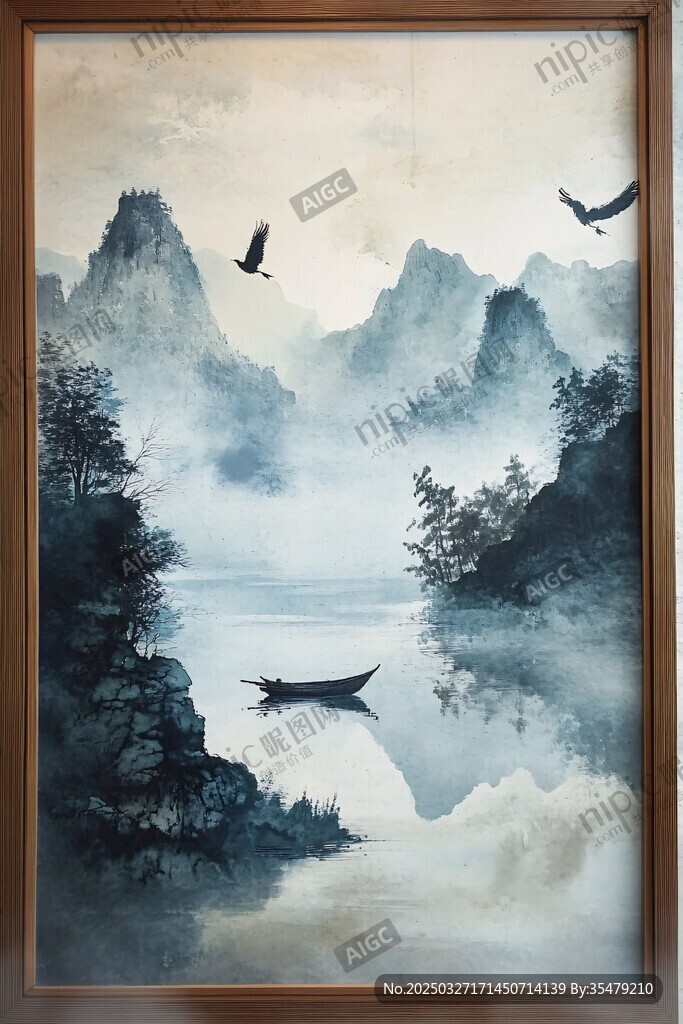 水墨山水间孤舟飞鸟图