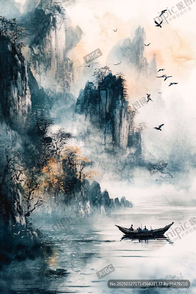 水墨山水间的孤舟飞鸟