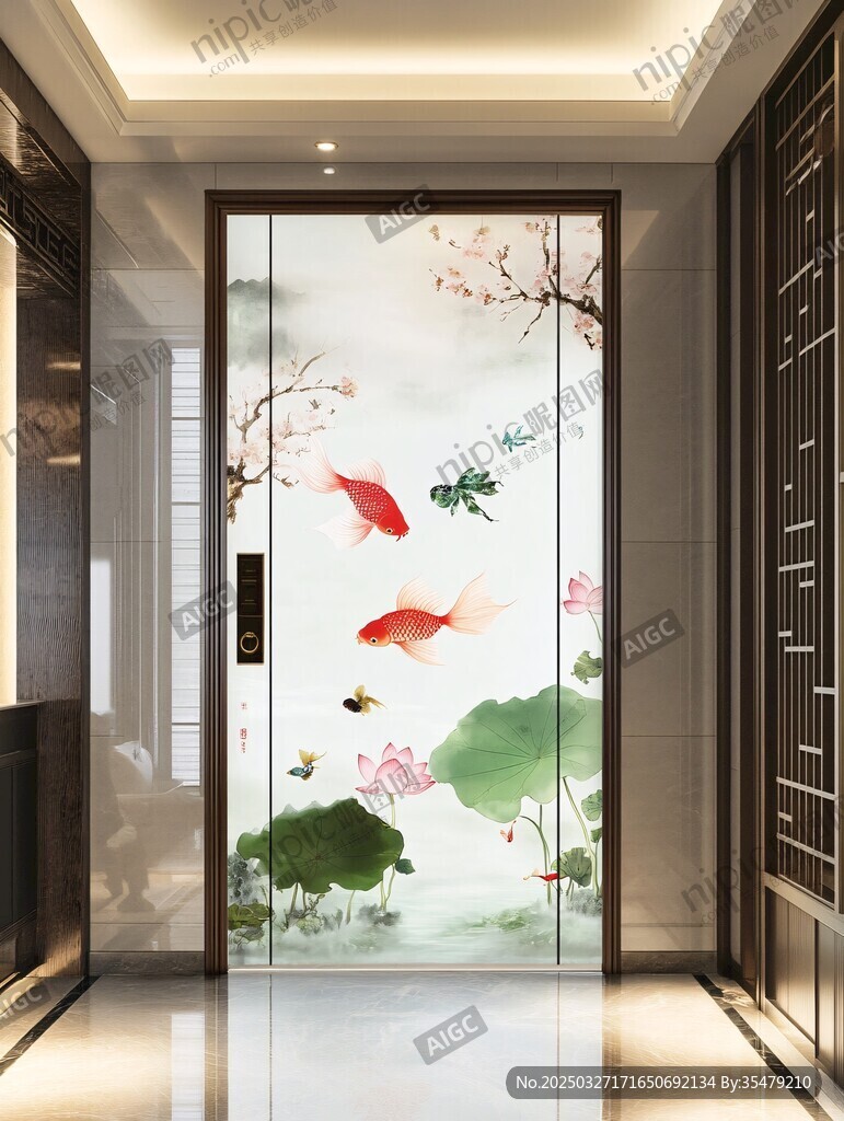 中式玄关玻璃上的锦鲤图景
