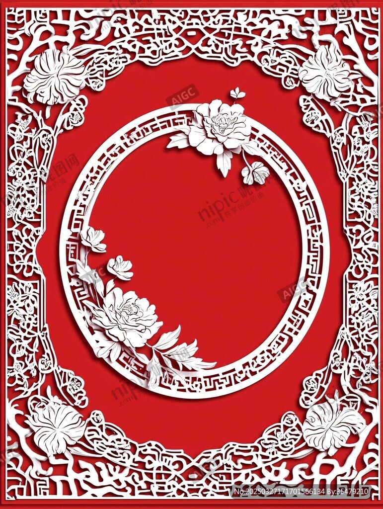 中式剪纸风红色花卉边框