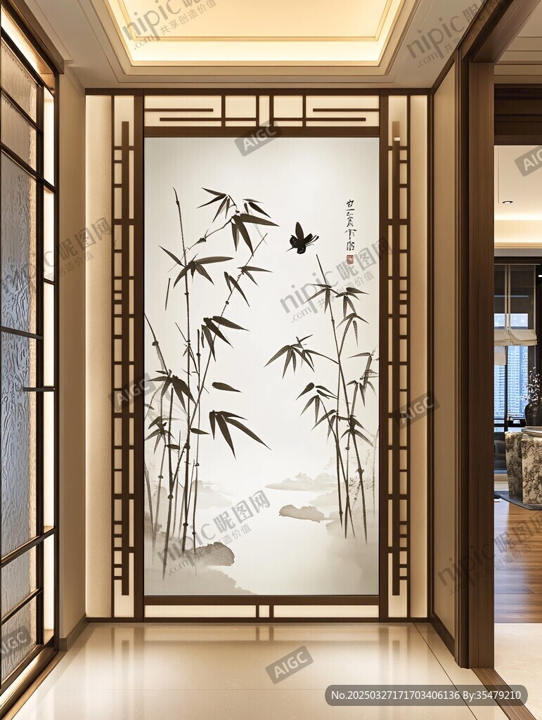 中式玄关处的水墨竹子屏风