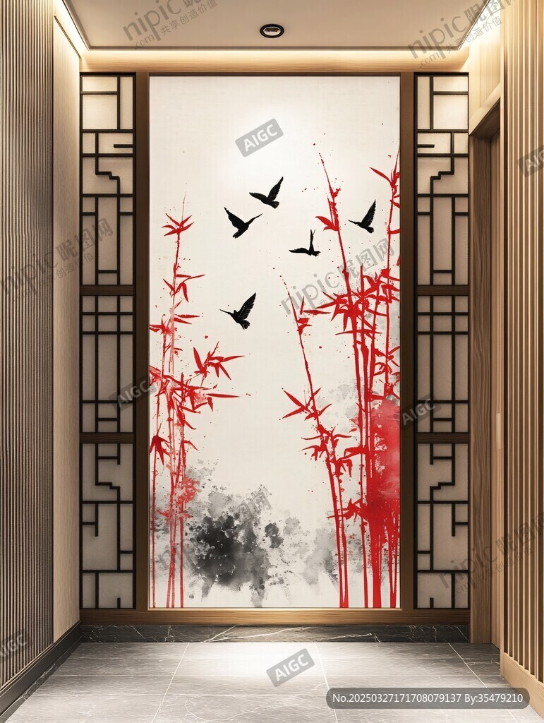 中式玄关花鸟翠竹装饰画