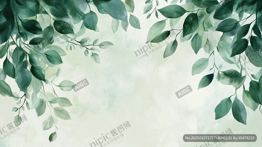 清新绿叶水彩背景图