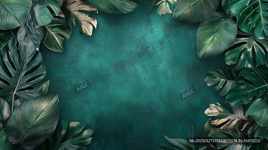 热带绿叶环绕的青绿色背景