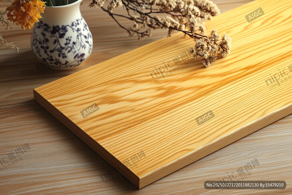 木纹板材与雅致花瓶摆件