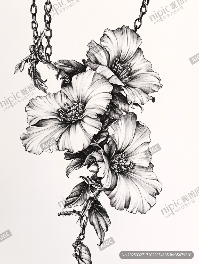 花朵吊坠黑白插画设计