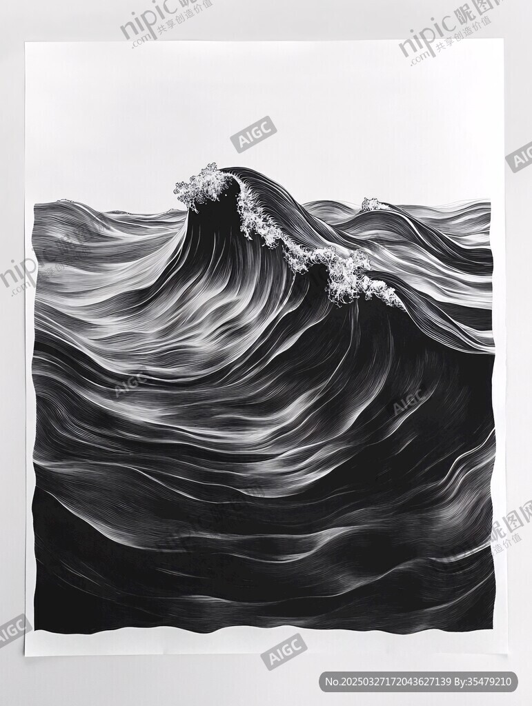 黑白水墨风汹涌海浪图