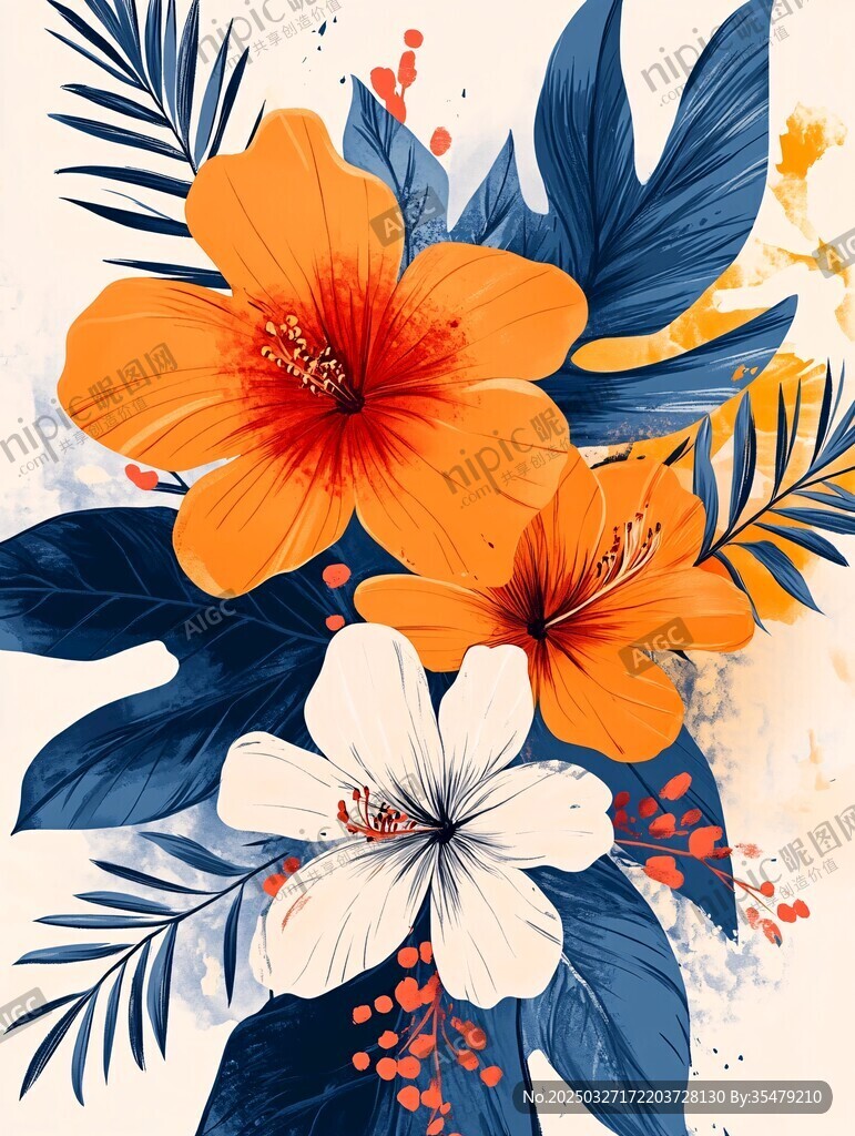 橙白扶桑花与蓝叶插画
