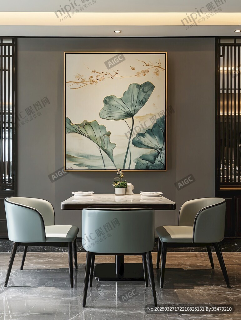 中式餐厅雅致桌椅与挂画