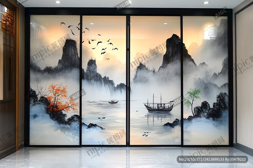 中式山水意境移门装饰画