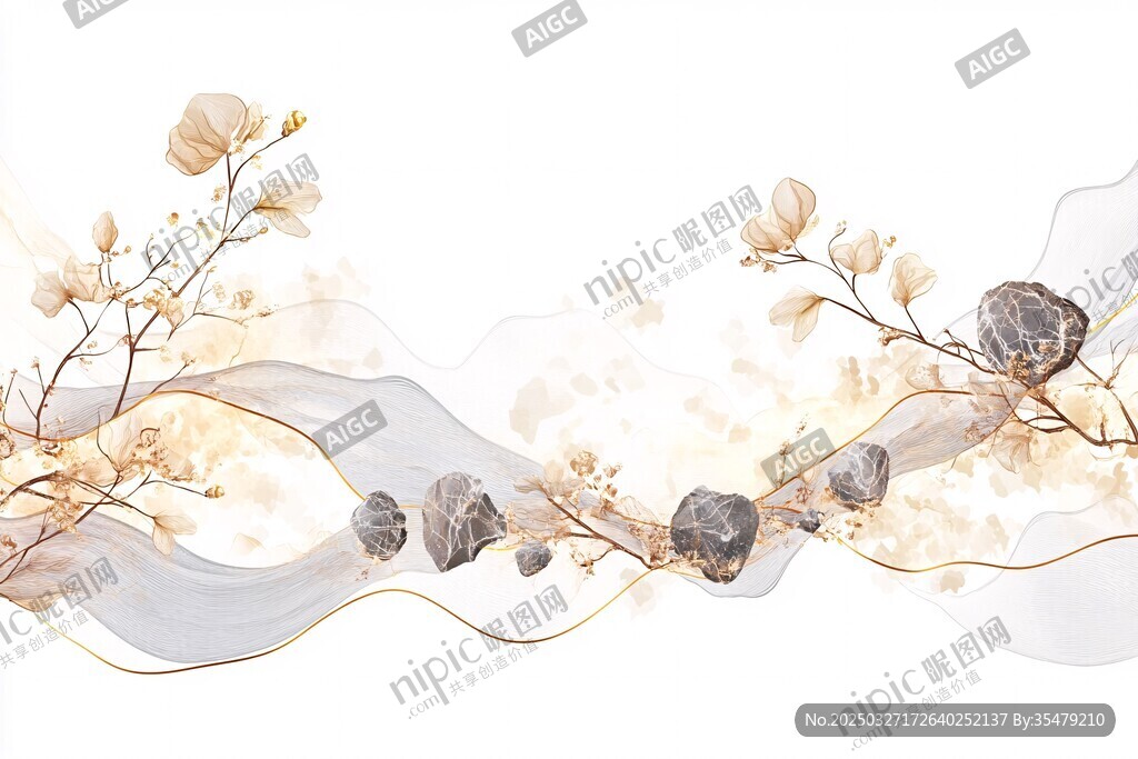 水墨风花卉线条装饰图案
