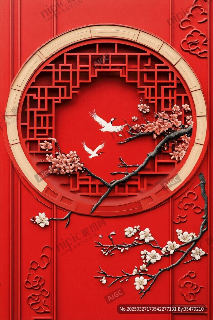 中式红墙花鸟圆形雕花