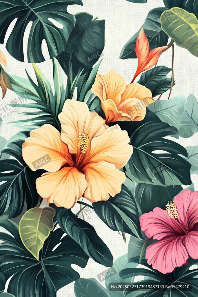 热带花卉与绿植插画图案