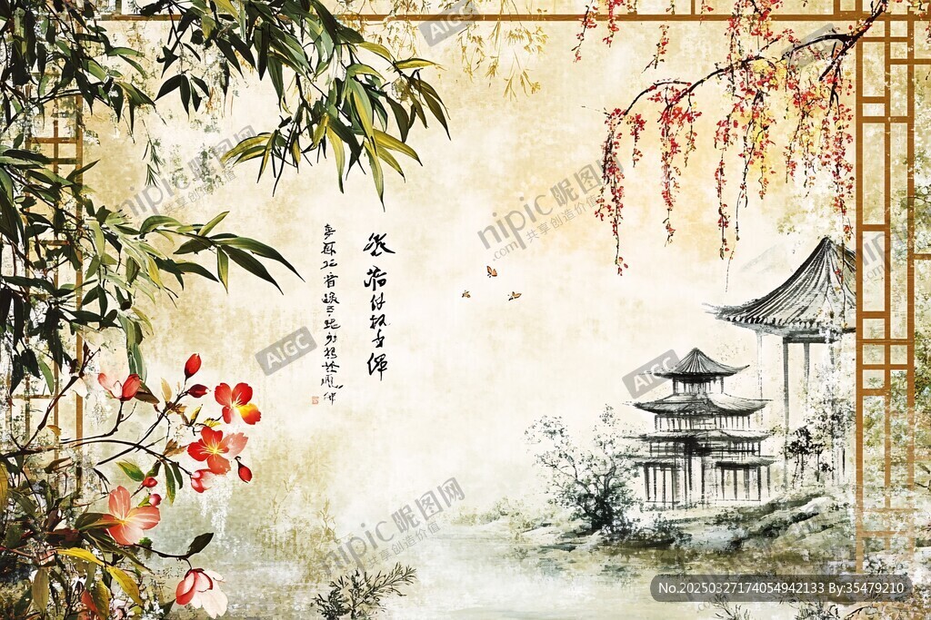 中式古风园林山水美景图
