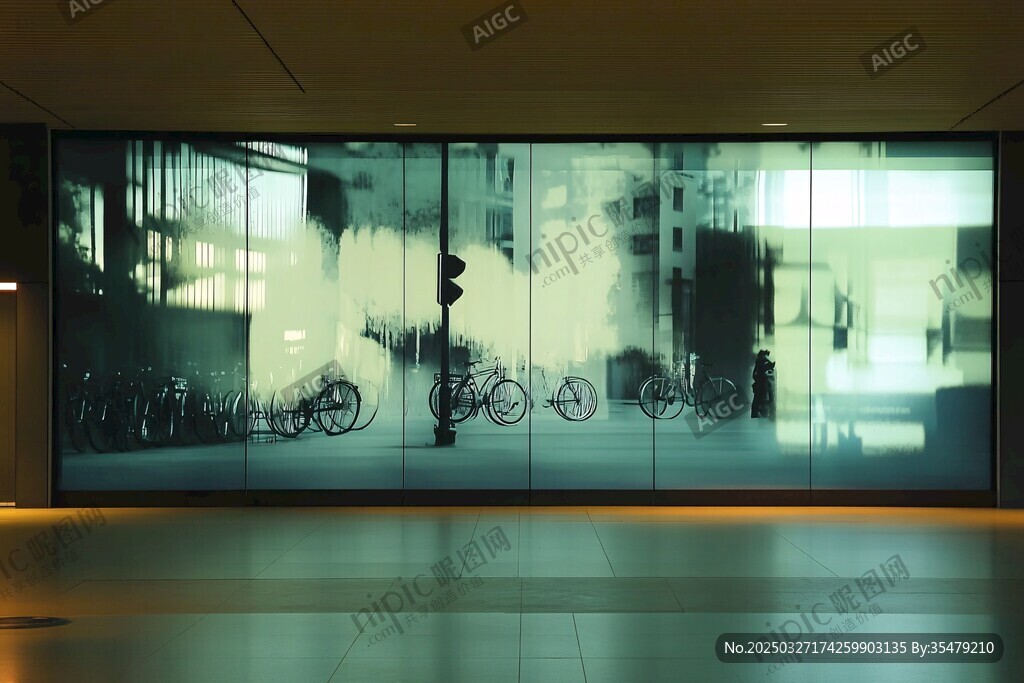 玻璃幕墙后的城市自行车景