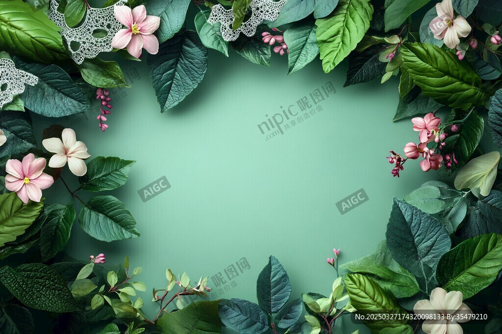 绿叶繁花环绕的清新边框