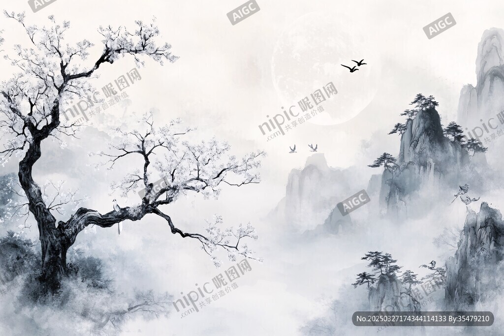 水墨山水孤树飞鸟意境图