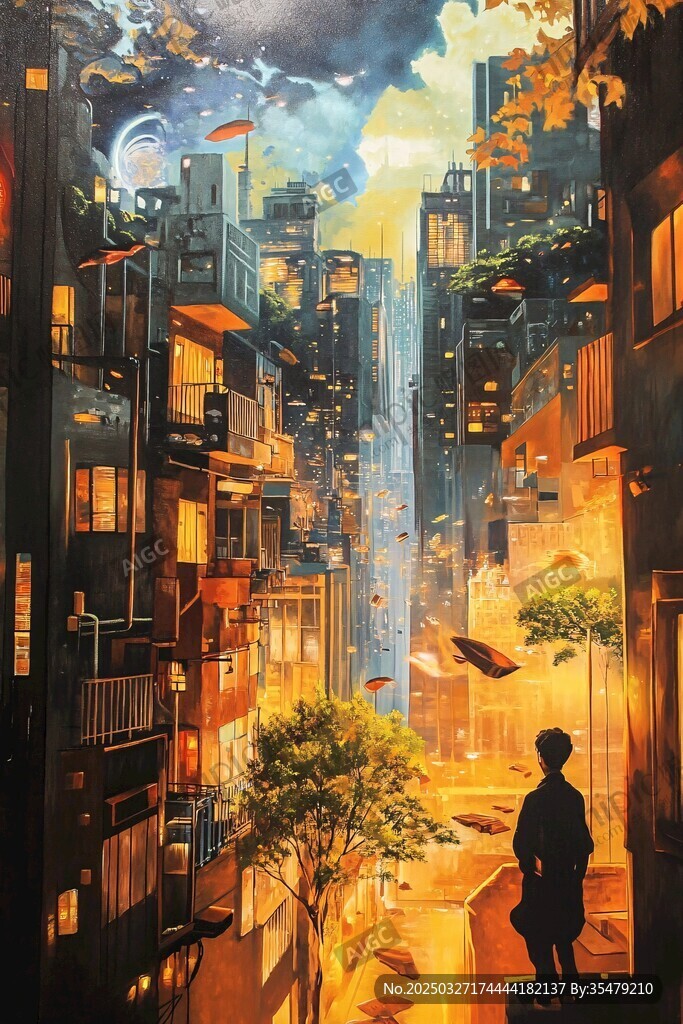 梦幻都市中的孤独身影