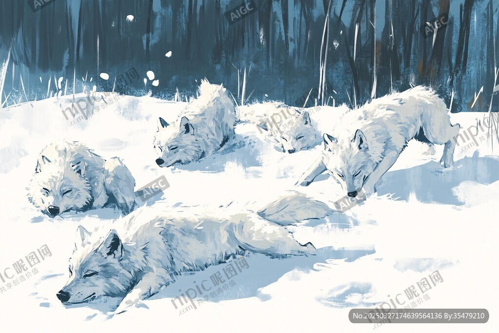 雪地群狼休憩图
