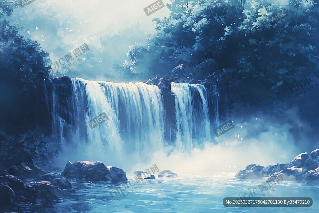 梦幻蓝色森林瀑布美景