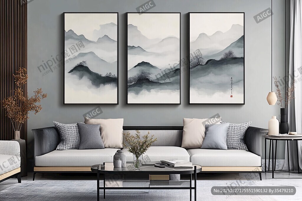现代客厅的水墨山水挂画